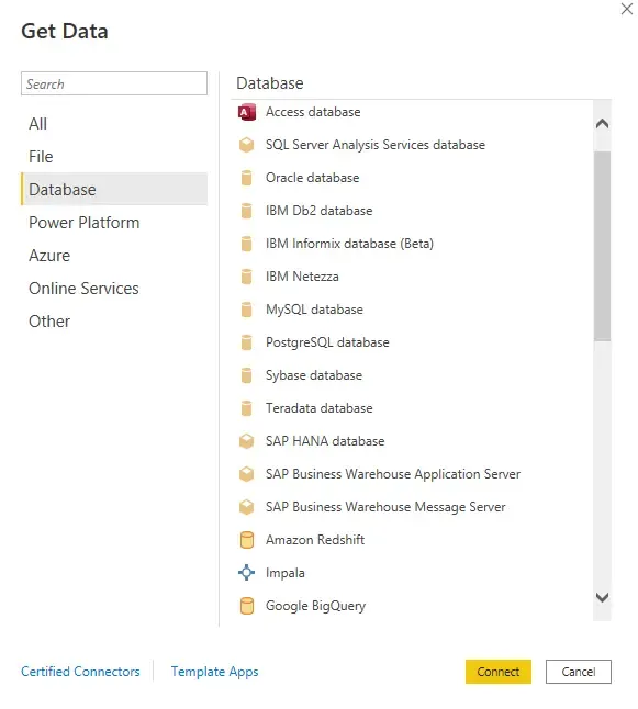 Which database can we connect to with Power BI?