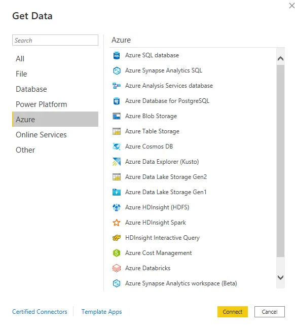 Get data>Azure